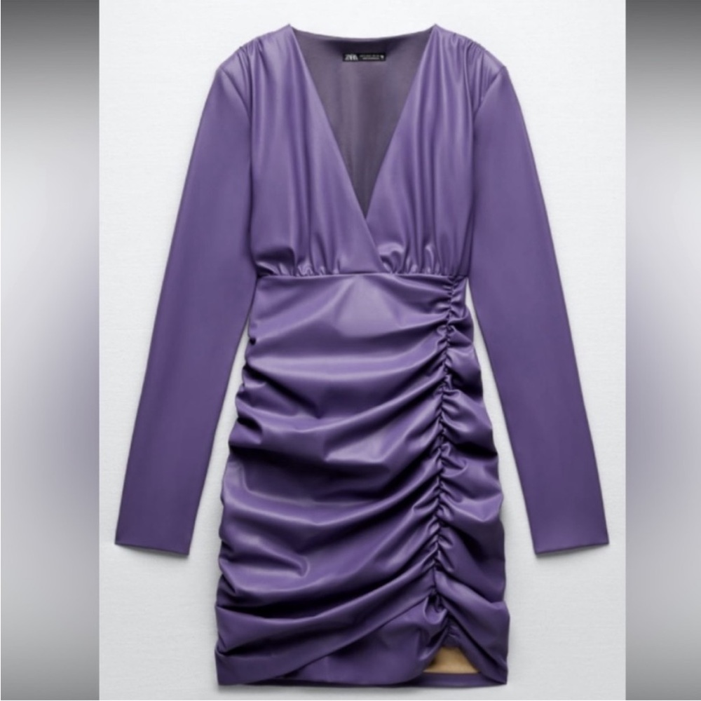 NEW - ZARA Faux Leather Purple Ruched Dress - BRAND NEW WITH TAGS - Size: M